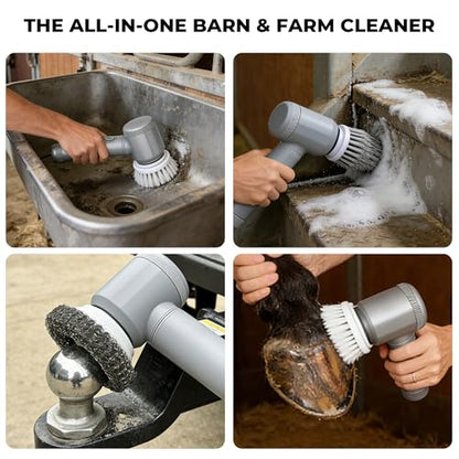 Electric Spin Scrubber for Horse Stall & Home – Cordless Power Scrubber with 5 Stiff & Soft Brush Heads, IPX7 Waterproof – Handheld Cleaner for Horse Water Buckets, Feed Troughs, Muddy Boots