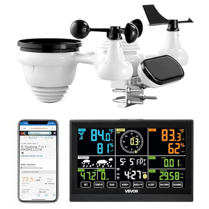 VEVOR 7-in-1 Wi-Fi Weather Station, 7.5-Inch VA Display, Solar Powered Wireless Outdoor Sensor, Home Weather Station Indoor Outdoor, for Temperature, Humidity, Wind Speed/Direction, Rainfall, No APP - style: 7in1 WiFi New Version