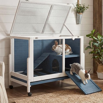 Large Indoor Rabbit Hutch Wooden Bunny Rabbit Cage 2-Story with Run Caster Waterproof No-Leak Pull-Out Tray Ramp Wheel for Guinea Pig Small Medium Animal Wood Pet House Home Blue & White 37“