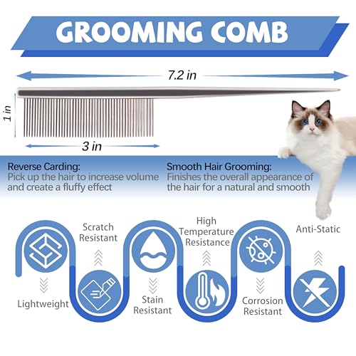 Grooming Pet Comb Rat Tail Dematting Cat and Dog Comb，Rounded Ends Design for Safe Tangle Removal, Hairstyling, Massage，Loose Hair Removal，Prevent Irritation，Fluffing Paws,Face,Tail,Remove Tear Stain - color: Silver
