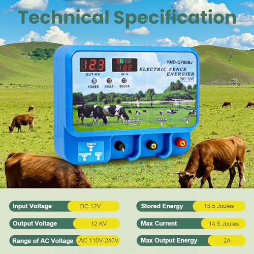 15.5J Electric Fence Charger, 15.5 Joules 600 Acres, AC DC 2 in 1 Powered Supply, Input 12V Output 12KV, with Display Remote and Alarm, Keep Out Predators, Contain Cattle Cow and Livestock
