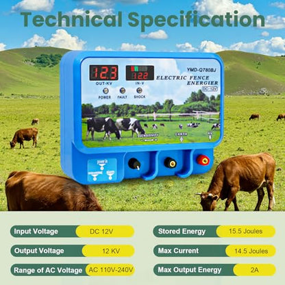 15.5J Electric Fence Charger, 15.5 Joules 600 Acres, AC DC 2 in 1 Powered Supply, Input 12V Output 12KV, with Display Remote and Alarm, Keep Out Predators, Contain Cattle Cow and Livestock