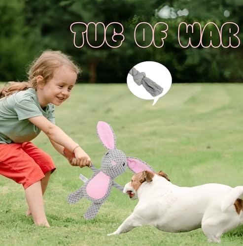 Bunny Dog Toy with Rope Arms – Squeaky Plush Rabbit for Small & Medium Dogs, Soft Chew & Tug Toy for Interactive Play, Easter Puppy Toy Gift - color: Grey