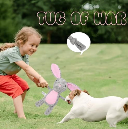 Bunny Dog Toy with Rope Arms – Squeaky Plush Rabbit for Small & Medium Dogs, Soft Chew & Tug Toy for Interactive Play, Easter Puppy Toy Gift - color: Grey