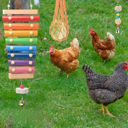 Chicken Coops Accessories 12PCS Chicken Toys Including Xylophone Swing Set Mirror Toy Flexible Ladder Vegetable String Bag and Hanging Feeder Coops Accessories for Hens