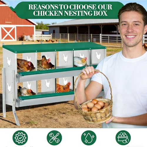10-Compartment Chicken Nesting Box, Heavy Duty Galvanized Steel Poultry Nest Box, Wall Mount/Freestanding Design for Hens, Ducks, Backyard Homesteads & Farm Use, Green, 10 Mats &4 Eggs, with Stand - color: Green, size: 10 Room&Mat eggs