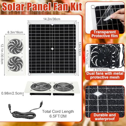 2 Set Solar Fan for Chicken Coop with Shed Light, 25W Panel Dual Exhaust Vent Kit, Waterproof 12V Solar Powered Ventilation System with Timer for Greenhouse, Pet House