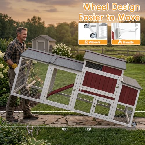 Chicken Coop with Run, Weatherproof Mobile Chicken Tractor Hen House with Wheels, Nesting Box, Roosting Bars, Pull-Out Tray, Asphalt Waterproof Roof & Fun Swing for Chickens Quails Red - color: Red