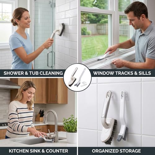 4PCS Shower Brush for Cleaning Set, Floor Scrub Brush with Long Handle and Bathtub Scrubber 2-Pack Tub,Scrubber Comes with Hook and Debris Clip for Effective Shower and Bathtub Cleaning