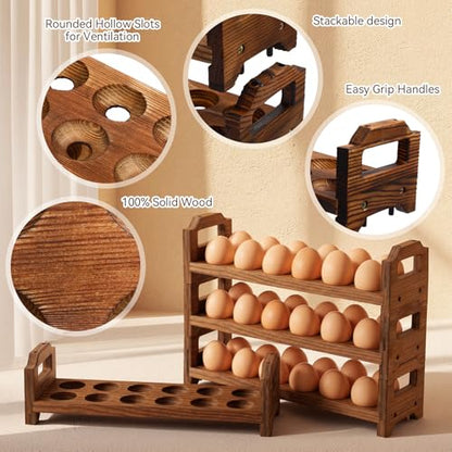 LemonRoad 4 Tier Wooden Egg Holder for Countertop, Pine Stackable Fresh Egg Storage Farmhouse Collecting Rack for Gathering Kitchen Organizer Duck Eggs Display, Stackable with 48 Eggs