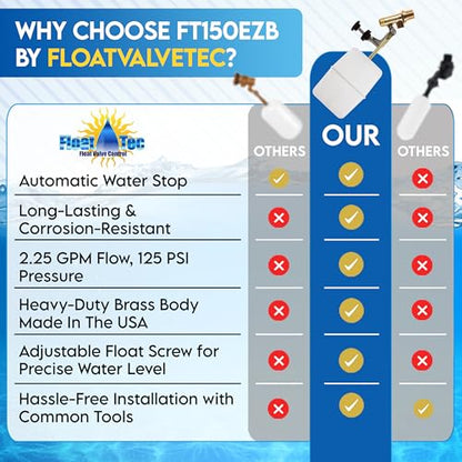Float Tec EZ Adjust Brass Replacement Float Valve 3/8" NPT Male Threads with 3" arm for Autofill, Pools, Spas, Water fountains, Livestock Water Trough, Water Tanks Fits 8" Canister