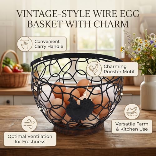 Rustic Wooden Base Wire Egg Basket with Sturdy Metal Handle Farmhouse Kitchen Decor Easter Display Coop - color: Black