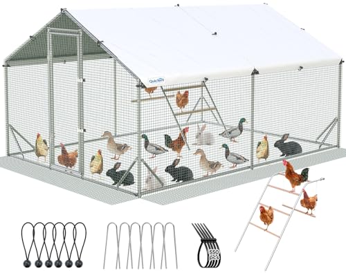 Quictent Large Metal Chicken Coop Run for 20+ Poultry with Metallic Perch, Side Hardware Cloth & Cover, Advanced Series Outdoor Walk-in Cage Hen Duck Rabbit Dog Pen Yard Farm House, 12x9x6.6FT - color: Metallic, size: 142.4"L x 107.3"W x 78.0"H