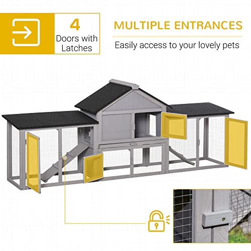 PawHut 83" L Outdoor Rabbit Hutch with Double Runs, Large Guinea Pig Cage Indoor, Wooden Bunny Hutch with Weatherproof Roof, Removable Tray, Ramps, Gray - color: Gray