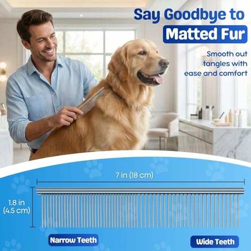 Flexzion Grooming Comb for Dogs – Stainless Steel Professional Cat Comb and Animal Tool for Removing Tangles and Knots on Medium Pets with Smooth Needle Teeth – 45mm, 1 Large