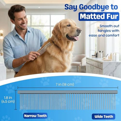 Flexzion Grooming Comb for Dogs – Stainless Steel Professional Cat Comb and Animal Tool for Removing Tangles and Knots on Medium Pets with Smooth Needle Teeth – 45mm, 1 Large