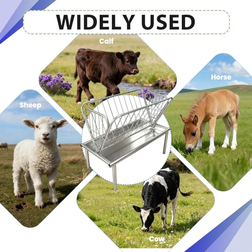 Galvanized Steel Goat Hay Feeder, 2 in 1 Heavy Duty Goat Feeder with Durable Frame, Outdoor Pasture Goat Hay Feeder with 6'' Removable Deep Feeders Pan, for Goats, Sheep, Ponies
