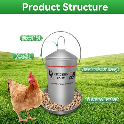 8.8 Lb Stainless Steel Poultry Feeder, Automatic Chicken Feeder No Waste, Hanging Chicken Feeder Heavy Duty Reliable Long-Lasting with Handle, Top Filled - size: 4KG/8.8 LB