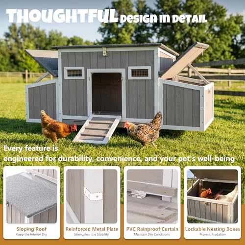 Wooden Chicken Coop, Outdoor Poultry House with Weatherproof Asphalt Roofs, Removable Tray & 2 Nesting Boxes, Ramp Door, Ventilation Windows, Chicken House for 2-4 Chickens Backyard Garden