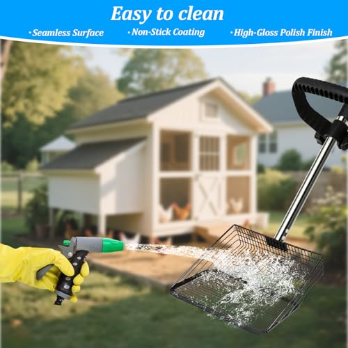 10inch Large Chicken Poop Scooper Metal Chicken Coop Scoop for Poop with 37" to 76" Adjustable Stainless Steel Handle for Cleaning Coop,Farm,Pet Waste Removal,Durable & Rust-Proof