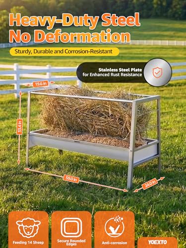 Goat Hay Feeder, 90 Gallon Livestock Feeding Trough with Waste-Reducing Tray, Heavy Duty Galvanized Steel Goat Feeder for Outside, Farm, Barn, Ranch and Sheep Pen