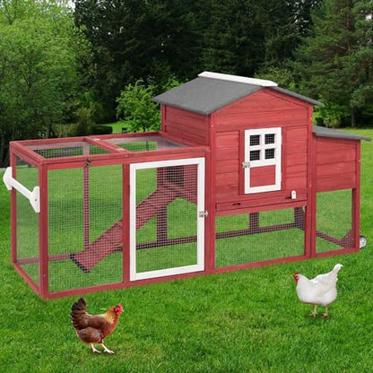 Ketive Wooden Chicken Coop Cage Outdoor Indoor Hen House with Nesting Box, Waterproof Roof, Removable Tray for Poultry Pets Enclosure Garden Backyard Grey (Red, 149.6" L x 22.05" W x 39.37" H) - color: Red