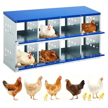 8 Compartments Galvanized Steel Chicken Nesting Boxes, Egg Laying Box with Automatic Rollout Egg Collection, Easy Clean & Quick Assembly Hen Nest Boxes for Backyard Poultry, Blue - color: Blue
