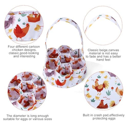 Egg Collecting Basket, Canvas Egg Basket for Gathering with 7 Pouches for Chicken, Duck, Goose, Bird, Various Poultry Collection (Cartoon Chicken Style 3) - style: Cartoon Chicken Style 3