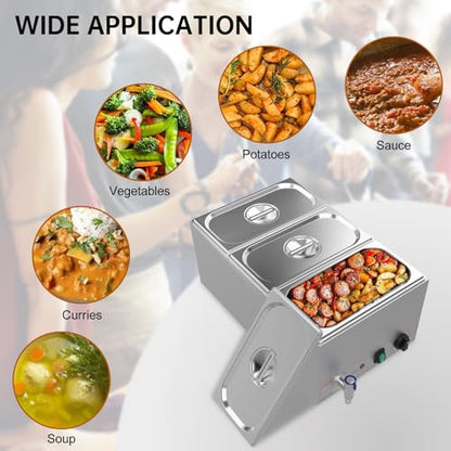 Valgus 3 Pan 17QT Commercial Bain Marie, Stainless Steel Food Warmer | 900W adjustable temp,auto boil dry shut-off,3 lids included,drain tap,easy clean,for restaurant catering buffet banquet - size: 3 Sections with Tap