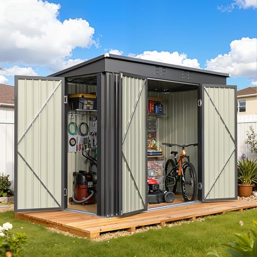Greesum 8x4FT Outdoor Storage Shed, Metal Shed with Triple Lockable Door, Utility Tool Storaged Garden Shed with Slopping Roof for Patio Storage, Black - color: Black, size: 8x4