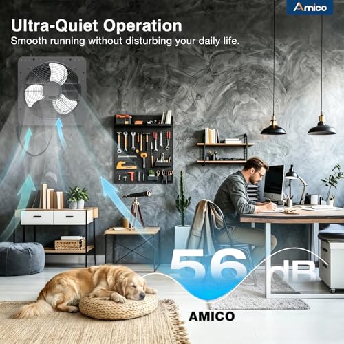Amico 14 Inch Shutter Exhaust Fan with Thermostat And Humidity Control, 1588 CFM Attic Fan with 8-Speed Auto Adjust, 35W Brushless EC Motor Vent Fan for Greenhouse, Garage,Chicken Coop,Gable Wall Vent - size: 14 inch
