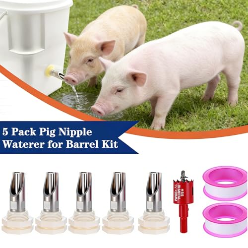 5-Pack Pig Water Nipple，Pig Nipple Waterer for Barrel Kit，Automatic Pig Nipple Drinkers Kit，Piglets Nipple Feeders ，Hog Feeder Nipple