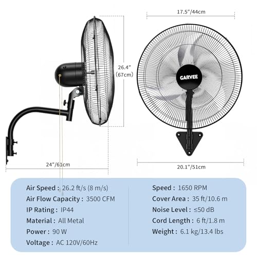 Garvee 18 Inch Oscillating Wall Mount Fan, 3 Speed High Velocity 3500 CFM Industrial Wall Fan, 90° Oscillation & 30° Tilt Cooling,Wall Fan for Home, Offices, Garage, Commercial, Warehouse - size: 18 Inch