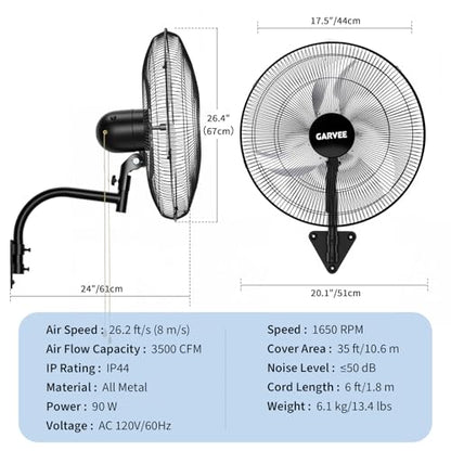 Garvee 18 Inch Oscillating Wall Mount Fan, 3 Speed High Velocity 3500 CFM Industrial Wall Fan, 90° Oscillation & 30° Tilt Cooling,Wall Fan for Home, Offices, Garage, Commercial, Warehouse - size: 18 Inch