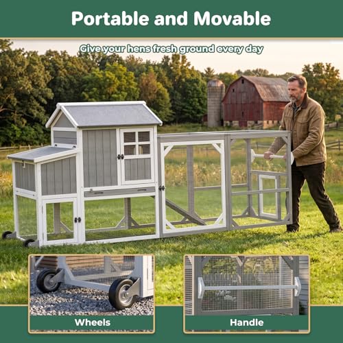 95.3" L Large Chicken Coop with Run, Chicken Tractor Hen House with 3 Nesting Boxes, Wheels, Portable Outdoor Quail Hutch Poultry Cage for 2-4 Chickens with 6 Access, Removable Tray, Ramp - size: 95.3"L x 31.5"W x 44.9"H