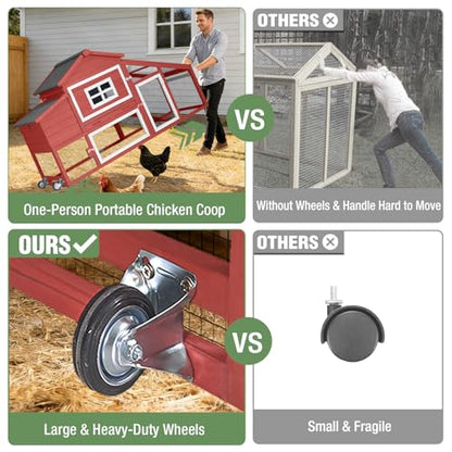Mobile Chicken Coop with Run, Large Hen House Poultry Cage with Wheels, Nesting Box, Pull-Out Tray, Waterproof Roof, Red, 72.3" L x 26" W x 39.4" H, for 3-5 Chickens