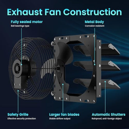 HG Power Upgraded 12 Inch Shutter Exhaust Fan, 764CFM High-Speed, 1400RPM Wall-Mounted Ventilation Fan for Shed, Garage, Greenhouse - with Mesh Screen, ON/OFF Switch & 8FT Power Cord, Black - size: 12 Inch Upgrade