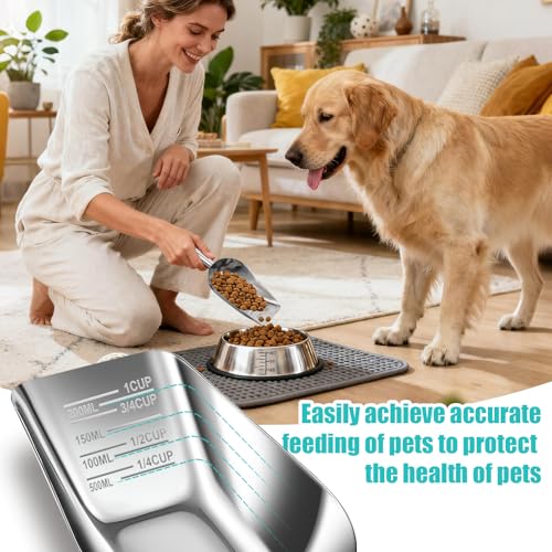 AIERSA Pet Food Scoop & Measuring Cup for Dogs & Cats, Stainless Steel Dog Scoop1 ¾ / ½ / ¼ Cup with Multi-Unit Markings for Precision Feeding, Easy-Clean Metal Food Storage
