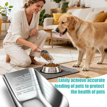 AIERSA Pet Food Scoop & Measuring Cup for Dogs & Cats, Stainless Steel Dog Scoop1 ¾ / ½ / ¼ Cup with Multi-Unit Markings for Precision Feeding, Easy-Clean Metal Food Storage