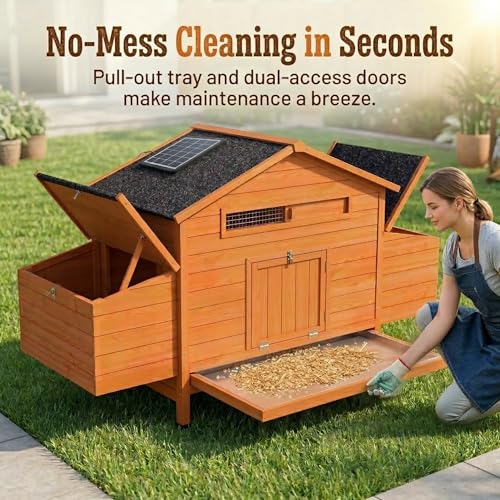 Wooden Chicken Coop with Solar Automatic Door, Predator-Proof Outdoor Hen House with 2 Nesting Boxes & Deep Pull-Out Tray, All-Weather Poultry Cage for Backyard ([2-4] Chickens)