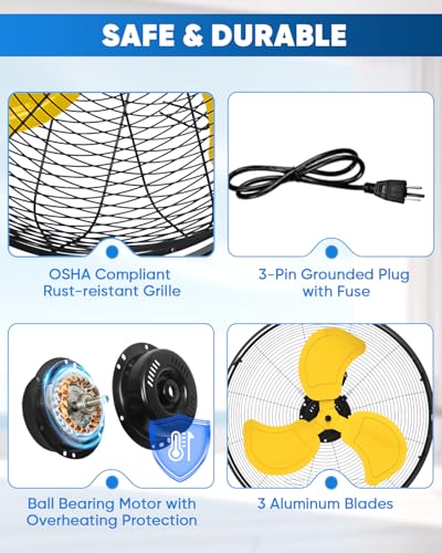 KEN BROWN 20 Inch Wall Mount Fan or Floor Fan 5000 CFM, High Velocity Industrial Shop Fan with Dual 720° Rotation, 3-Speed Heavy Duty Metal for Garage, Patio, Barn, Porch - size: 20 inch Wall Fan