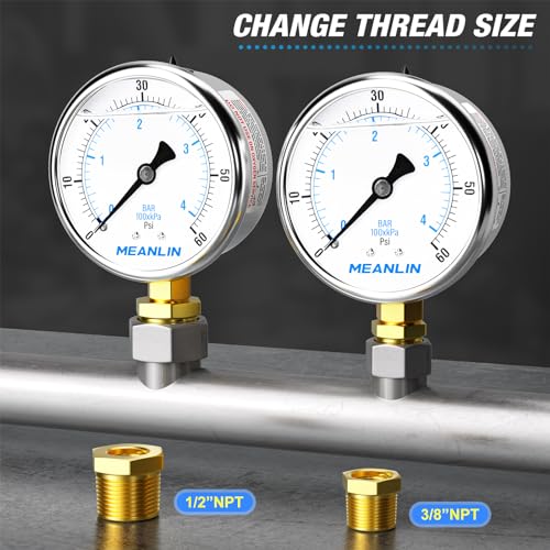 MEANLIN MEASURE 0~60Psi Stainless Steel 1/4" NPT 2.5" FACE DIAL Liquid Filled Pressure Gauge, Pool Sand Filter Pressure Test Lower Mount, with 1/2" NPT and 3/8" NPT Hex Bushing - size: 0-60Psi