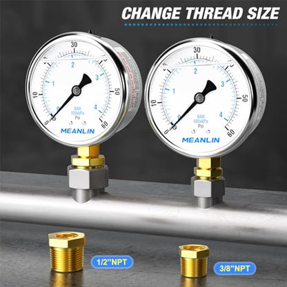 MEANLIN MEASURE 0~60Psi Stainless Steel 1/4" NPT 2.5" FACE DIAL Liquid Filled Pressure Gauge, Pool Sand Filter Pressure Test Lower Mount(Pack of 2) with 1/2" NPT and 3/8" NPT Hex Bushing - size: 0-60Psi (2Pcs)