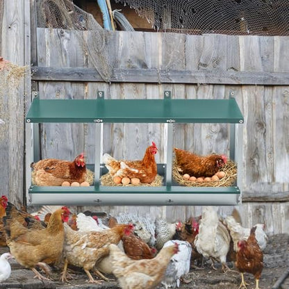 3 Compartment Metal Nesting Box for Chickens, Galvanized Steel Roll Away Egg Laying Box with Ventilation Holes, Easy Wall Mount or Connectable, Green Heavy Duty Hen Nest for Coop - size: 32.1"L x 16.3"W x 15.4"H
