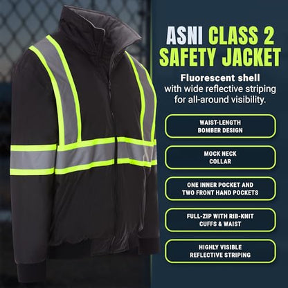 North 15 Men's High Visibility Reflectrd Hooded Safety Bomber Jacket, Fleece Lined - color: Black, size: Small