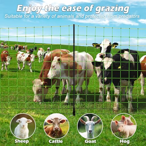Electric Fence Netting,Livestock Neting,49.6" x 164' Portable Electric Net Fence for Goats,Sheep, Lambs,Hogs in Backyards,Farms,Ranches,Homesteads and Gardens,(14 Posts, 2 Spikes,Green) - size: 49.6" x 164'
