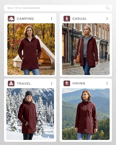 Outdoor Ventures Women's Softshell Jacket with Removable Hood Fleece Lined Windbreaker Insulated Long Warm Rain Jacket - color: Wine, size: Large
