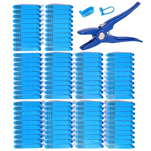 Small Livestock Ear Tags Numbered Sheep Ear Tags 001-100 with Livestock Ear Tag Applicator for Sheep and Goat - color: Blue
