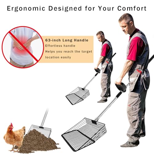 12" Metal Chicken Poop Scooper Rake for Sand with 24 to 68" Handle, Adjustable Chicken Poop Scooper for Poop, Wide 10”Poop Shovel Cleaning Tools, Heavy Duty Sifting Shovel (Black) - color: Black