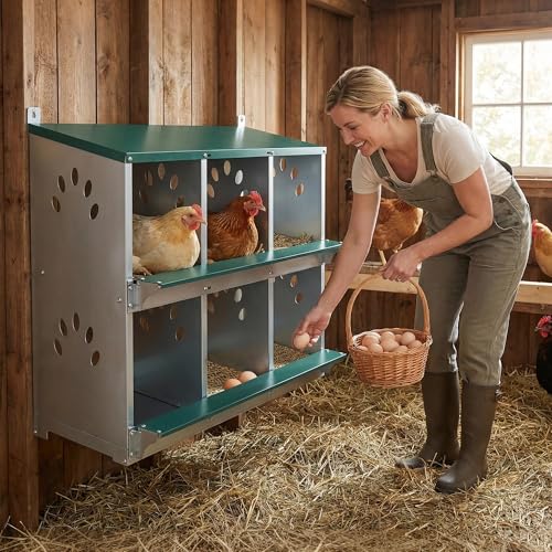 6 Compartment Metal Chicken Nesting Box with Roll Away Egg Collection 32×16×25in,Wall Mountable Large Hen Laying Box with Vented Holes,6 Houses Coop Roosting Boxes Fit for Different Poultry Breeds - size: 32×16×25in